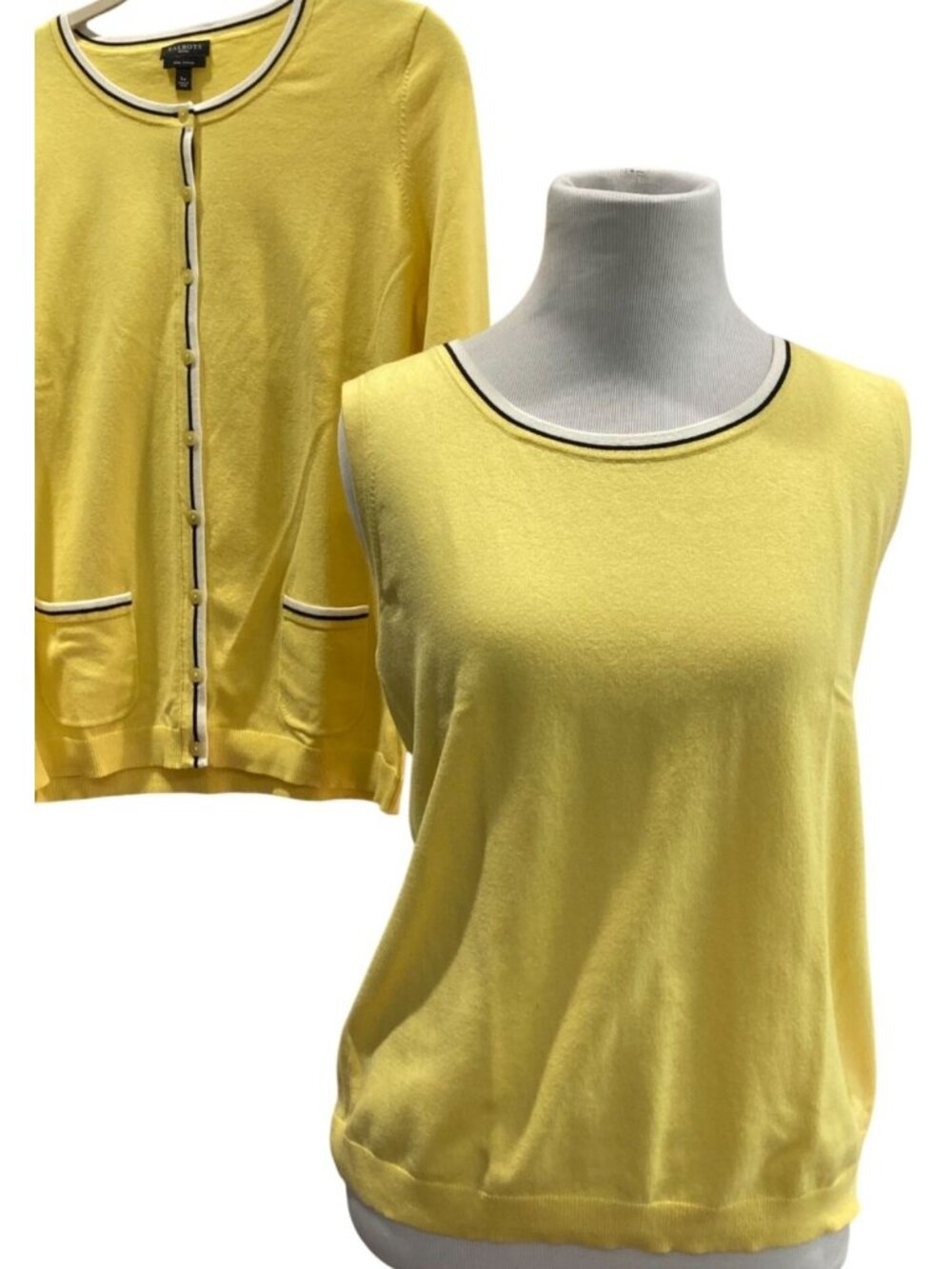 Talbots Pima Cotton Knit Cardigan Sweater Set Sz PL Yellow Twee Retro Old Money